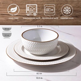 GBHOME Ceramic Dinnerware Sets,18 pcs Embossed Elegant Stoneware Plates and Bowls Sets, Housewarming Wedding Gift | Dishwasher & Microwave Safe | Dishes Set Service for 6