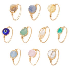 UNICRAFTALE 10Pcs 10 Styles Chakra Crystal Rings Adjustable Gemstone Rings Copper Wire Wrapped Ring Irregular Colorful Gem Ring for Women(Gold)