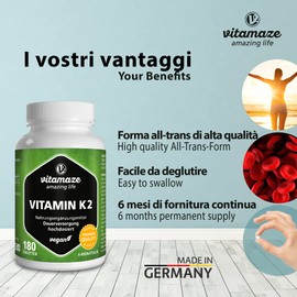 Vitamaze® Vitamina K2 MK-7 Alto Dosaggio Menachinone, 180 Compresse Vegan, Qualità Tedesca, Naturale Integratore Alimentare senza Additivi non Necessari…