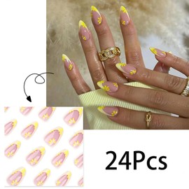 Yellow Daisy French Tips Press on Nails Medium Almond Fake Nails Cute Diamond Floral Design Artificial Nails Yellow Summer French Tip Glue on Nails Acrylic Stiletto False Nails for Women Girls 24Pcs