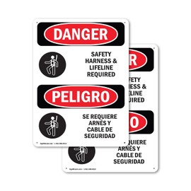 (2 Pack) Safety Harness And Lifeline Required Bilingual OSHA Danger Sign 10 Inch X 14 Inch Indoor/Outdoor Rust-Free Aluminum Metal Signs for Workplace, Workshop, and Construction Site