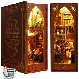 ROCOXIA DIY Book Nook Kit, Booknook Shelf Insert Book Nook DIY Miniatures Kit Light Up Bookends Book Nooks DIY Dollhouse Bookshelf Insert Kit for Adults (Library of Books with Music Box)