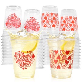 50 Pcs 12 oz Valentine’s Day Plastic Cups, “Happy Valentine’s Day” and Heart Pattern Printed Disposable Cups, Red Love Design Cups for Beverages, Parties, Weddings, and Romantic Celebrations