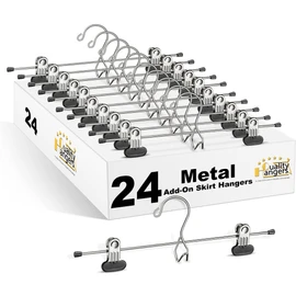 24 Quality Pants Hangers Heavy Duty Add-on Skirt/slack Metal Hanger, Extra Wide Adjustable Clips, Multi Stackable Add on Hangers, Chrome, Jeans, Bottoms (24)
