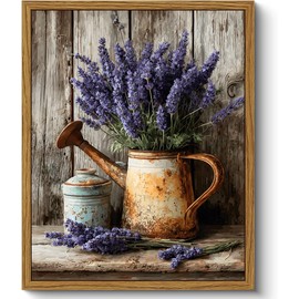 Qenundme Framed Vintage Lavender Flower Canvas Wall Art Antique Water Jug Pictures Prints Farmhouse Paintings Artwork Rustic Cottage Country Floral Wall Decor for Living Room Bathroom Kitchen 16x24in