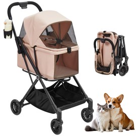 Foldable 4-Wheel Pet Stroller for Dogs & Cats -Dog Stroller, Lightweight Travel Carrier for Small to Medium Pets Up to 50Lbs, 360° Swivel Front Wheels, Foot Brake, Breathable Mes
