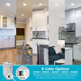 LUXRITE 4 Inch Ultra Thin LED Recessed Light with Junction Box, 10W, CCT Color Selectable 2700K | 3000K | 3500K | 4000K | 5000K, Dimmable Wafer Lights, 750 Lumens, ETL & Energy Star, IC Rated