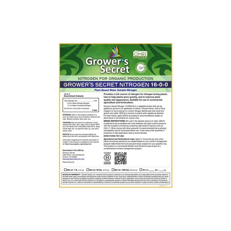 Grower's Secret Nitrogen 16-0-0 • Organic • Readily Available For