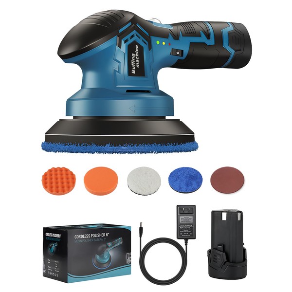 AIBUCOLL Cordless Car Buffers Polishers Kit - with 12V 2000mAh Lithium Rechargeable Battery with 6 Variable Speed, to 5000 OPM Portable Buffer Kit for Buffer/Polisher/Sander
