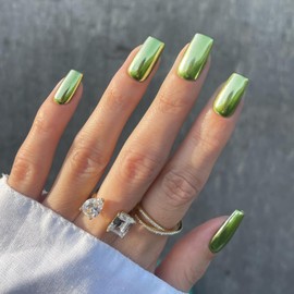 Neon Green Chrome Square Press on Nails Short Medium,SXVME Metallic Fake Nails Acrylic Nails Press ons,Mirror Metal Chrome Nails Glue on Nails Medium,Short Coffin Nails False Nails in 24 PCS