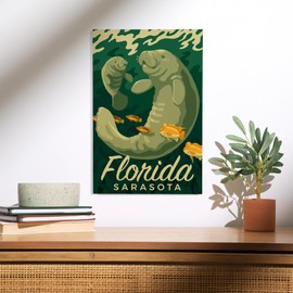 Lantern Press 12x18 Inch Premium Wood Sign, Ready to Hang Wall Decor, Sarasota, Florida, Manatee and Calf Swimming