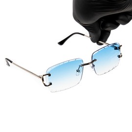 Rimless Gem Cut Unisex Square Trendy Retro 90's Hip Hop Hand Carved Sky Blue Gradient Tint Lens Silver Wire Frame Sun Glasses Frameless Rectangle Summer Shades Sunglasses For Men And Women, Blue