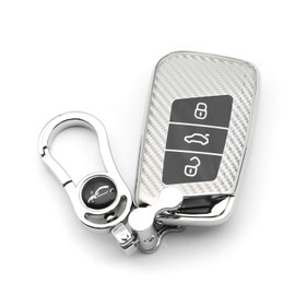 M.JVisun Soft Carbon Fiber Finish Car Key Fob Cover for Volkswagen Arteon Atlas Golf Alltrack Jetta Passat Taos SEL for Tiguan for Skoda Kodiaq Superb A7 Electroplated TPU Case with Keychain - Silver