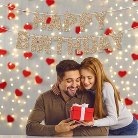 Glitter Champagne Gold Happy Birthday Banner Letters Birthday Sign, Birthday Garland Wall Door Banner Flag for Women Men Boys Girls Birthday Party Backdrop Decorations Supplies, No Assembly Required