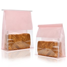 Funcoo 50 Pcs Paper Bread Loaf Bag Food Packaging Storage Bakery Bag with Front Window, Tin Tie Tab Lock Paper Bags (11'' X 8.7'' X 4.3'') (Pink)