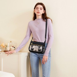 FORRICA Women's Crossbody Bag, Large Capacity, Stylish, Print, Shoulder Bag, Lightweight, Nylon, Messenger Bag, Multiple Pockets, elephants