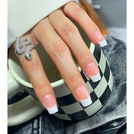 Kikmoya Press on Nails - Medium length False Nails Pink French Tip Fake Nails with White Fingertip Designs, Square Shaped Stick on Nails for Women - 24Pcs in 12 Sizes (Pink French)