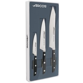 ARCOS Series Manhattan - Kitchen Knife Set 3 pieces (Chef Knife + 1 Paring Knife + Rocking Santoku) - Blade Nitrum Forged Stainless Steel - Handle POM Black Color (Silk Blade),14",858100