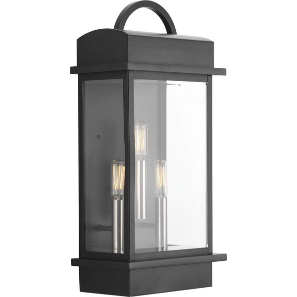 Santee Collection 3-Light Clear Beveled Glass Farmhouse Outdoor Large Wall Lantern Light Matte Black