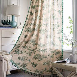 Sutuo Home Boho Curtain 84 Inches Length for Bedroom, Printed Cotton Linen Rod Pocket Semi Blackout Farmhouse Bohemian Tassels Window Treatment for Living Room, 1 Panel 59" W x 84" L, Green Forest