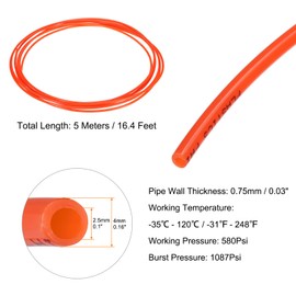 sourcing map Pneumatic Air Line Tubing 4mm OD x 2.5mm ID 5 Meters(16.4 FT) Air Compressor Nylon Tubes Polyamide Air Tubing Hose Tube for Air Compressor Water Fluid Transfer, Red