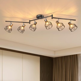 GORDNWE 6-Light Track Kits, Adjustable Track Fixtures - E12 Metal Wire Cage Retro Ceiling Lighting - Black for Kitchen, Living Room, Bedroom