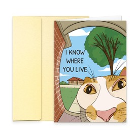 KKJAYO I Know Where You Live Funny New Home Card - Fisheye Lens Cat Housewarming Card, Happy New Home Gag Card for Friends, Coworkers, Relative, Neighbors