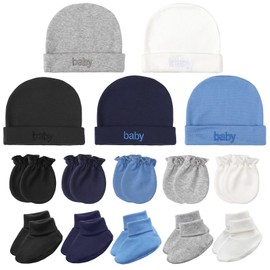 BQUBO Newborn Baby Hat Mittens Socks Set Infant Cotton Beanie Gloves No Scratch Thick Warm Socks for 0-6 Months Boys Girls