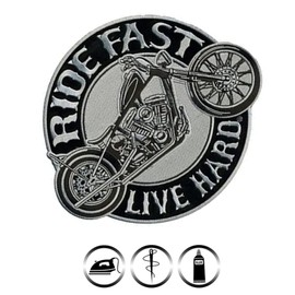 Rider Fast Live Hard Motorcycles Embroidered Patch Sticker Skull Logo Decal Compatible with All Types of Clothing, for Motorcycle Vests and Jackets, Diameter 20 x 23 cm