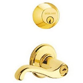 Schlage FB50 V FLA 505 605 Single Cylinder Deadbolt and Keyed Entry Flair Lever, Bright Brass