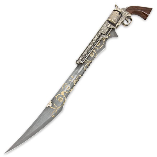 K EXCLUSIVE STEAMPUNK GUN BLADE SWORD from Nylon Shoulder Sheath, A Must for your Costume or Collection, Finely Crafted Antique Finish, Laser-Etched and Engraved Accents, Spinning Barrel-26 Overall