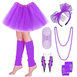 PINEPAN 80s Clothing Women's Skirt Neon Necklace Bracelet Earring Gloves Lace Headband 80s Outfit Neon Party Purple