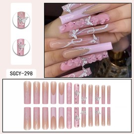 24Pcs Pink French Tip Press on Nails Long Square Fake Nails with Silver Glitter Butterfly Charms Designs Pink Flower Full Cover Artificial Glue on Nails Reusable False Nails for Women DIY Nails Art