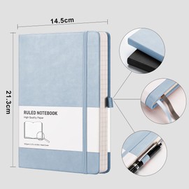 RETTACY Lined Journal Notebook - A5 Note Book Hardcover Notepad 192 Numbered Pages for Writing,100gsm Lined Paper, Leather Hardcover, for Women Men Work Office School,14.5 x 21cm - Light Blue