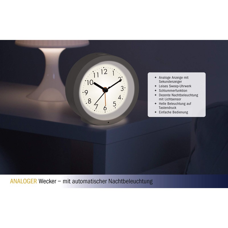 TFA Dostmann Analogue Alarm Clock 60.1029.02 with Sweep Movement Subtle