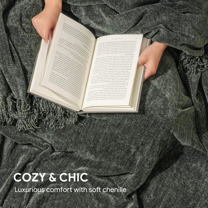 RECYCO Throw Blanket Soft Cozy Chenille Throw Blanket with Fringe