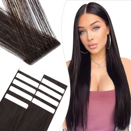 Elailite Tape Extensions Real Hair #1B Natural Black, Pack of 10 Invisible Glue Hair Extensions 20 g, 25 cm Stitched Hair Straight Invisible
