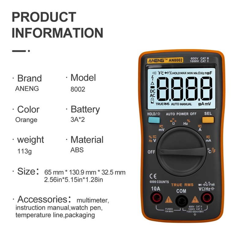 ANENG AN8002 6000 Counts True RMS Multifunctional Digital Multimeter Voltmeter