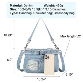 YeFine Y2K Jean Bags Denim Purse with Rhinestones Crossbody Shoulder Bag Bling Grunge Small Jean Purses for Women Aesthetic Handbags (Skirt Shape Light Blue)
