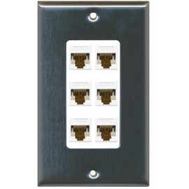 RiteAV Decorative 1 Gang 6 Port Cat6 Wall Plate - Stainless/White