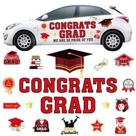 JarThenaAMCS 28Pcs Graduation Car Magnets 6 Inch 2025 Congrats Grad Cap Refrigerator Stickers Automotive Cruise Garage Door Magnetic Decals for Mailbox Metal Cabinet Decor (Red, Gold)