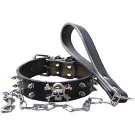 haoyueer Spiked Studded 1.2" Wide Leather Dog Collar Chain Leash Combo Set for Medium Large Pitbull Husky Mastiff Terrier (L, Black)