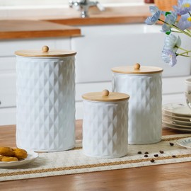 HOME PALETTE Kitchen Canister Set of 3 Tea Coffee Sugar Containers with Airtight Bamboo Lids Food Flour Storage for Countertop Metal White Diamond Pattern Embossed Farmhouse Decor
