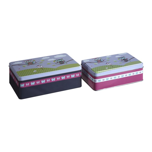 Premier Housewares Kitchen Storage Tin, Rectangular, Multi-Colour, Set of 2 - Happy Owls, 13 x 20 x 7 cm