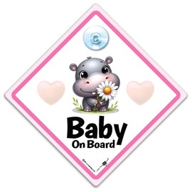 Baby On Board Sign Pink Hippo, Cute Hippo Baby On Board Car Sign, Hippopotamus Baby On Board Sign, Grandchild On Board Sign, Baby Car Sign 14 cm x 14cm