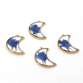 4PCS Gold Tone Real Dry Pressed Flower Resin Crescent Moon Charm Pendant GBY1301
