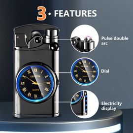 SKRFIRE Encendedor eléctrico, encendedor de plasma, encendedor de arco eléctrico, encendedor a prueba de viento, encendedor de metal, esfera luminosa de reloj real con iluminación LED (negro)