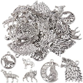 SUNNYCLUE 1 BOX 48Pcs 6 Stlyes Wolves Charms Wolf Charm Bulk Alloy Ancient Silver Moon Dragon Tibetan Style Feather Wild Animals Round Charms for jewellery Making Charms Bracelet Earrings Beginners