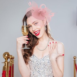 Ibeauti Fascinator Hats with Screentouch Lace Gloves Set for Women Tea Party Cocktail Wedding Derby Headwear Short Gloves (07 Nude Pink)