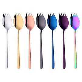 Sporks Stainless Steel Sporks Long 21.5 cm Colourful Fork Spoon 7 Pieces Salad Fork 2 in 1 Table Forks Soup Spoon Long Handle to Go Camping Outdoor Picnic